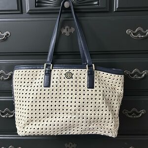 Tory Burch Robinson Basket Weave Tote Purse.